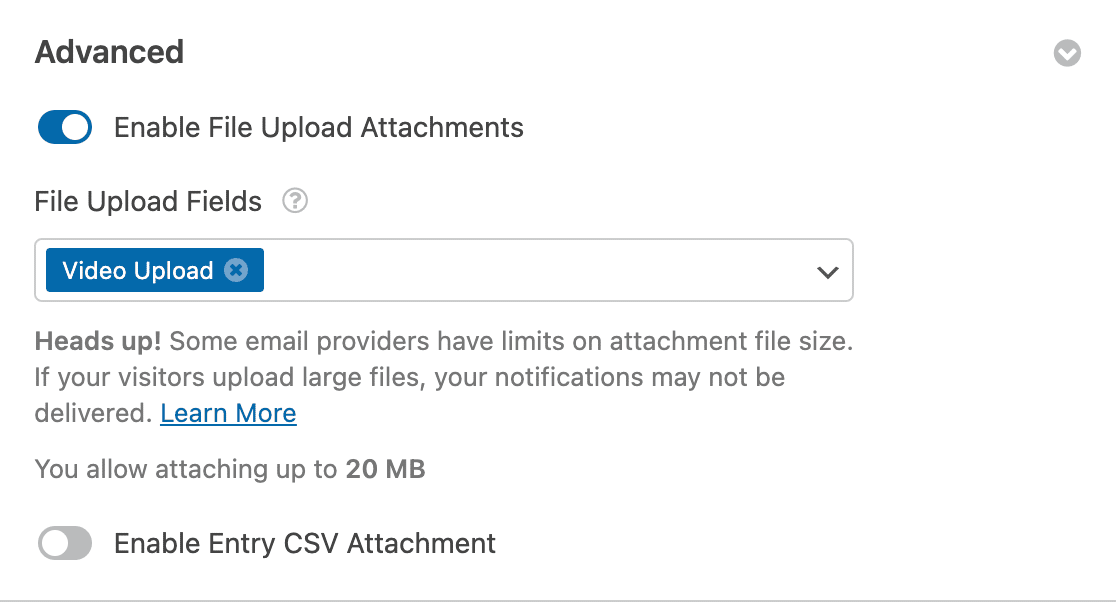 Enabling field upload attachments for a video upload form