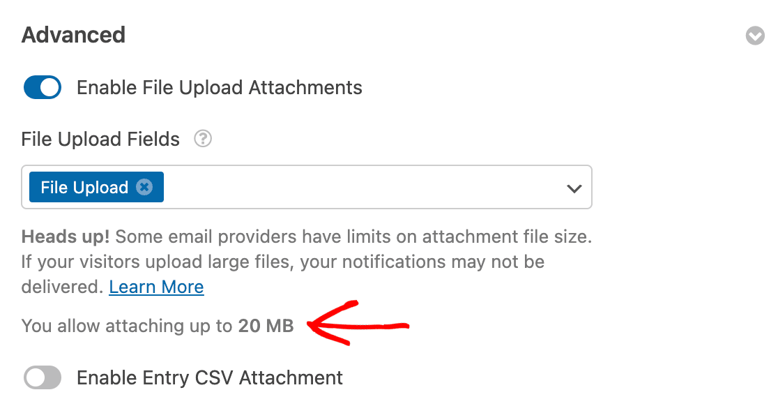 The maximum file size for file upload attachments to a WPForms email notification