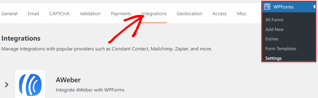 Access the integrations tab in WPForms