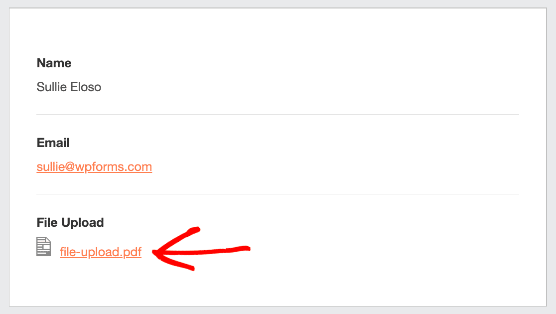 A file upload link in an email notification