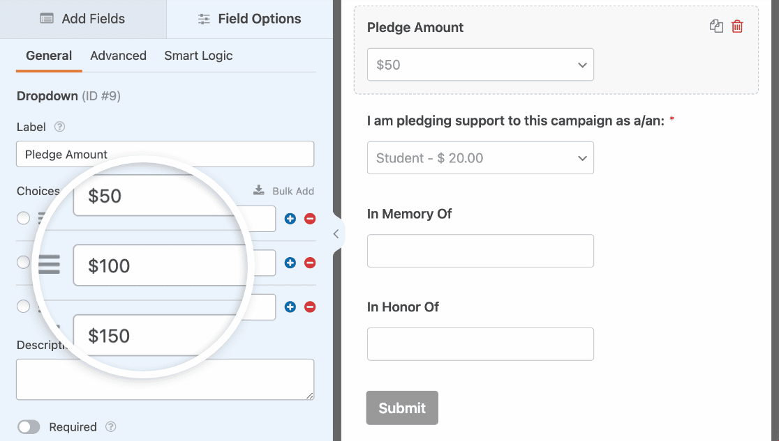 Adding a Dropdown field and editing the options to let users select a pledge amount