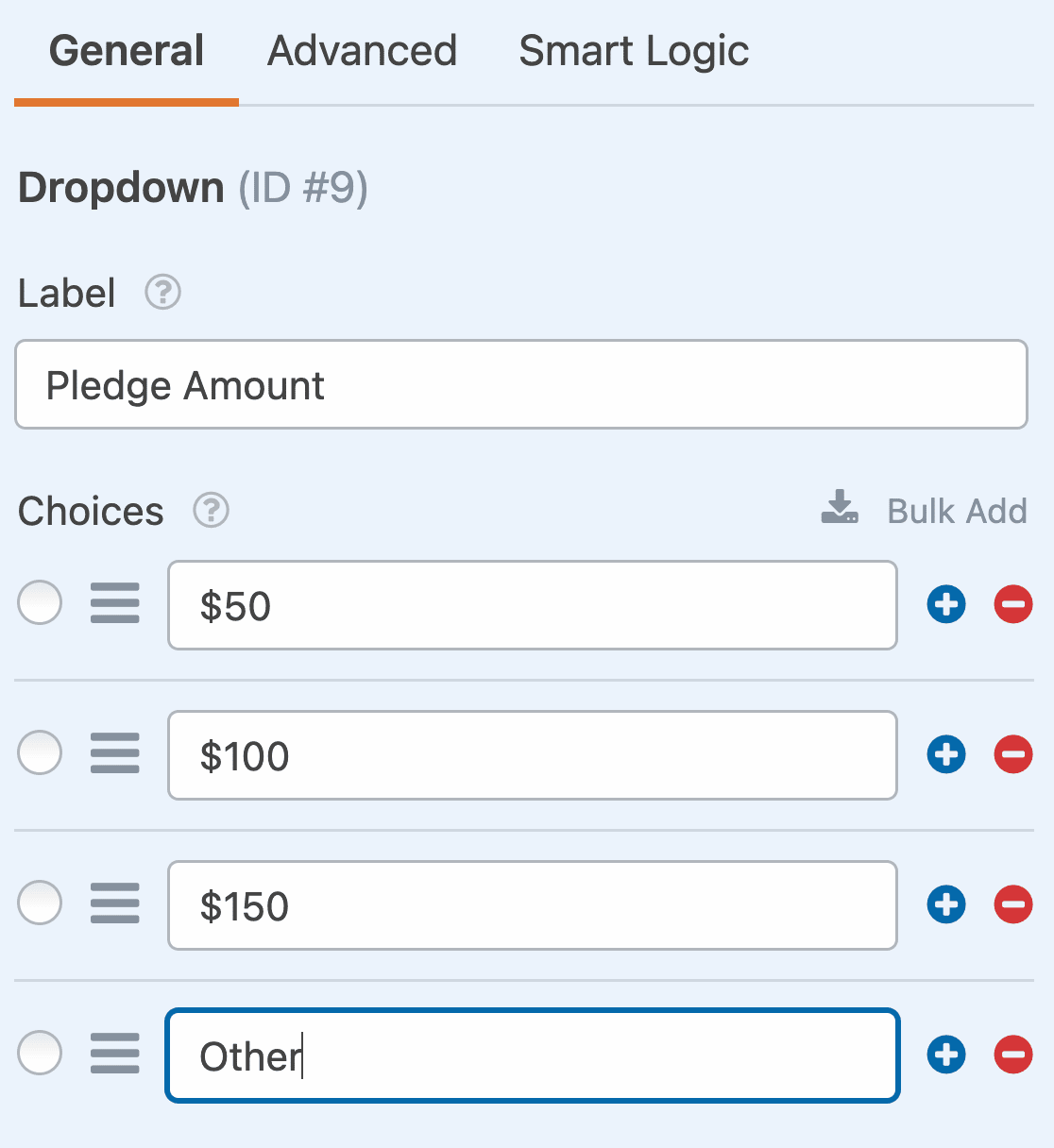 Adding an "other" choice to the Pledge Amount field