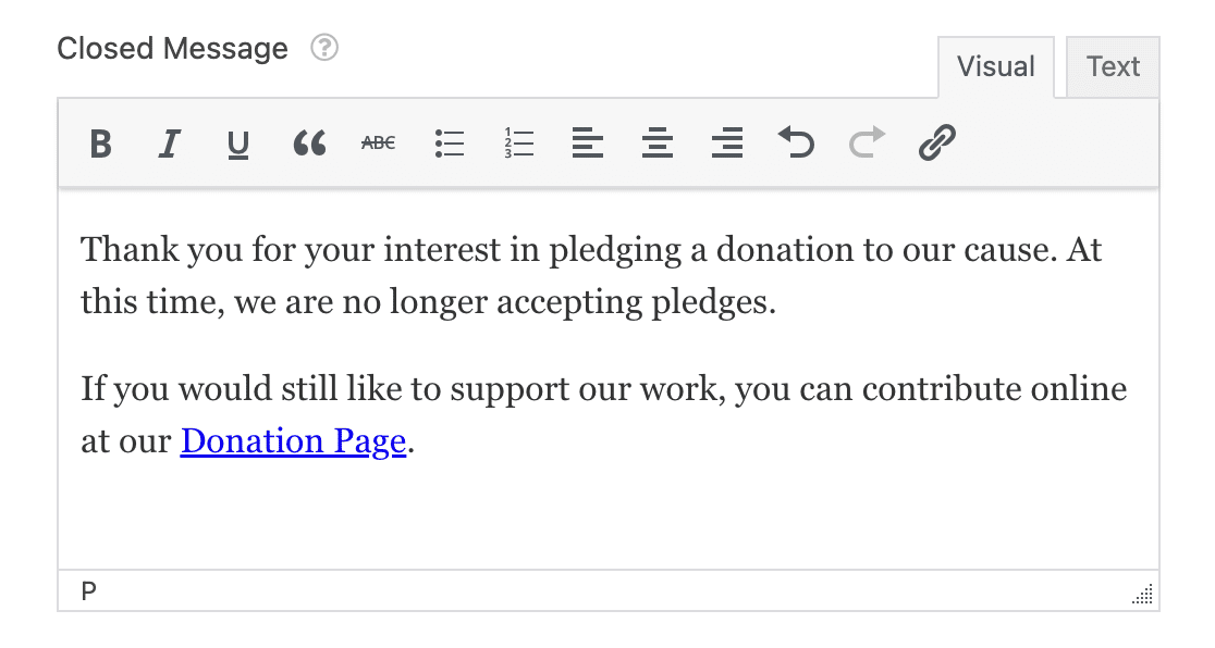 Customizing the closed message for your pledge form