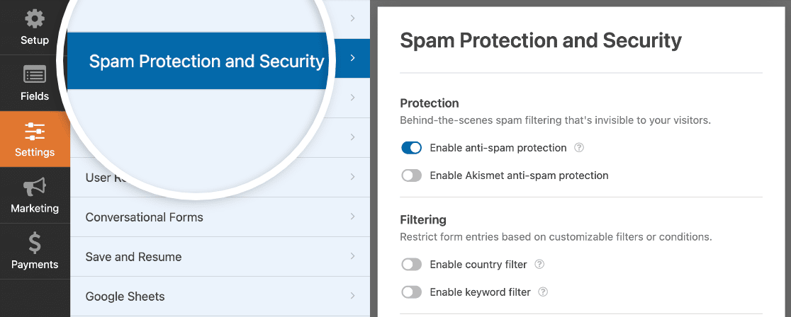 Opening the form spam and security settings