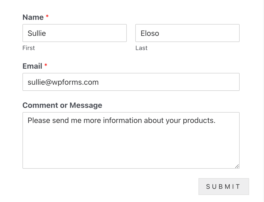 Submitting a test entry to a contact form