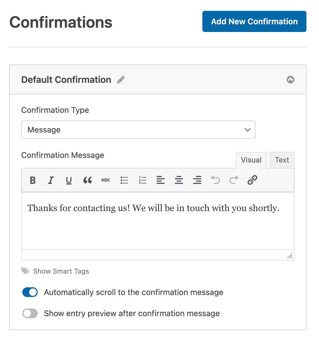Customizing the confirmation message for a support ticket form