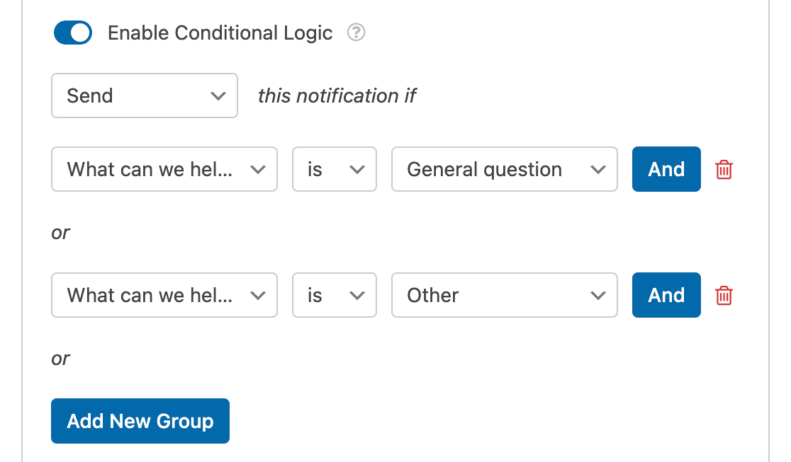 Adding multiple conditional logic rules to a support ticket form's email notifications