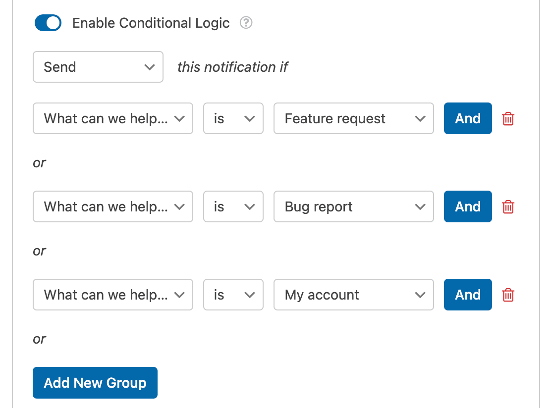 Adding conditional logic rules to an email notification