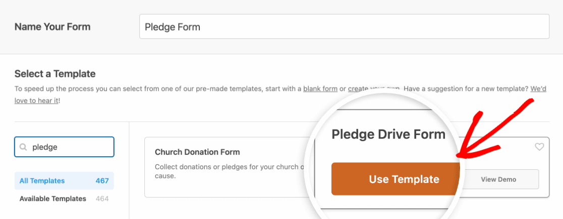 Choosing the Pledge Drive Form template