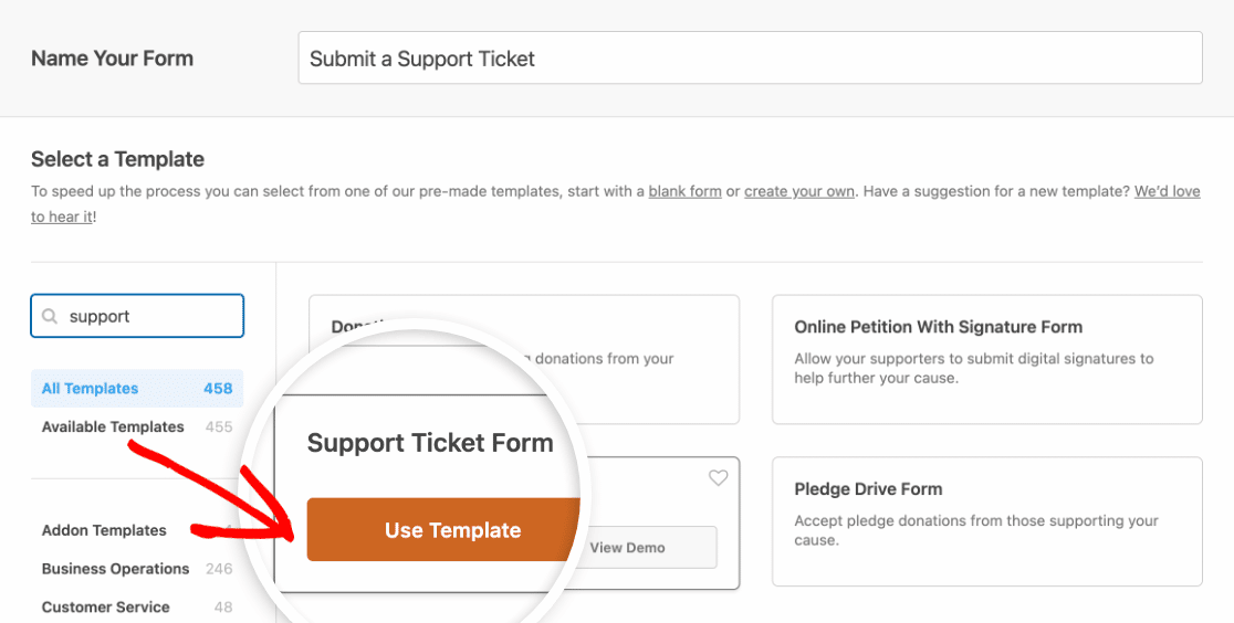 Choosing the Support Ticket Form template
