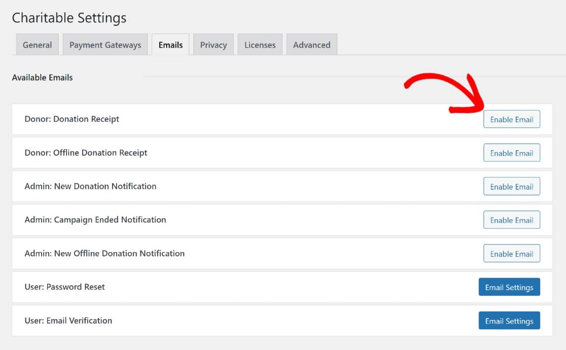 wp charitable email settings