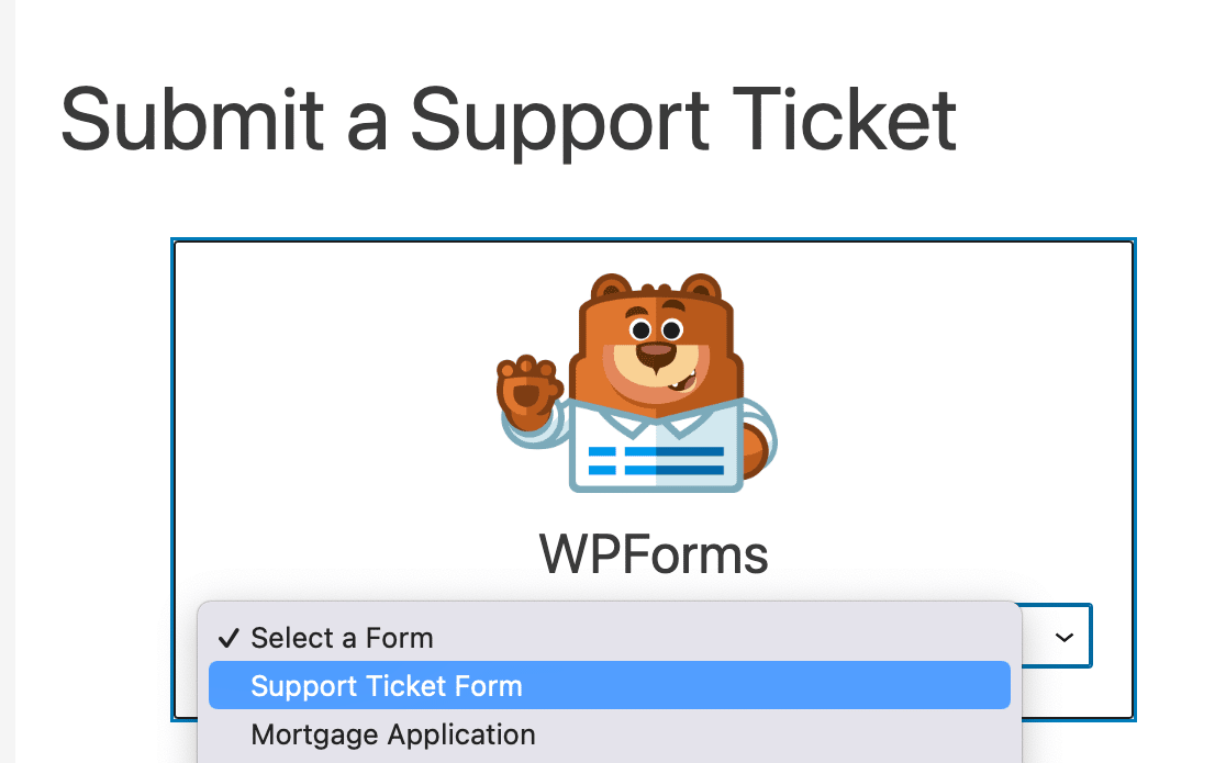 Choosing the support ticket form from the WPForms block
