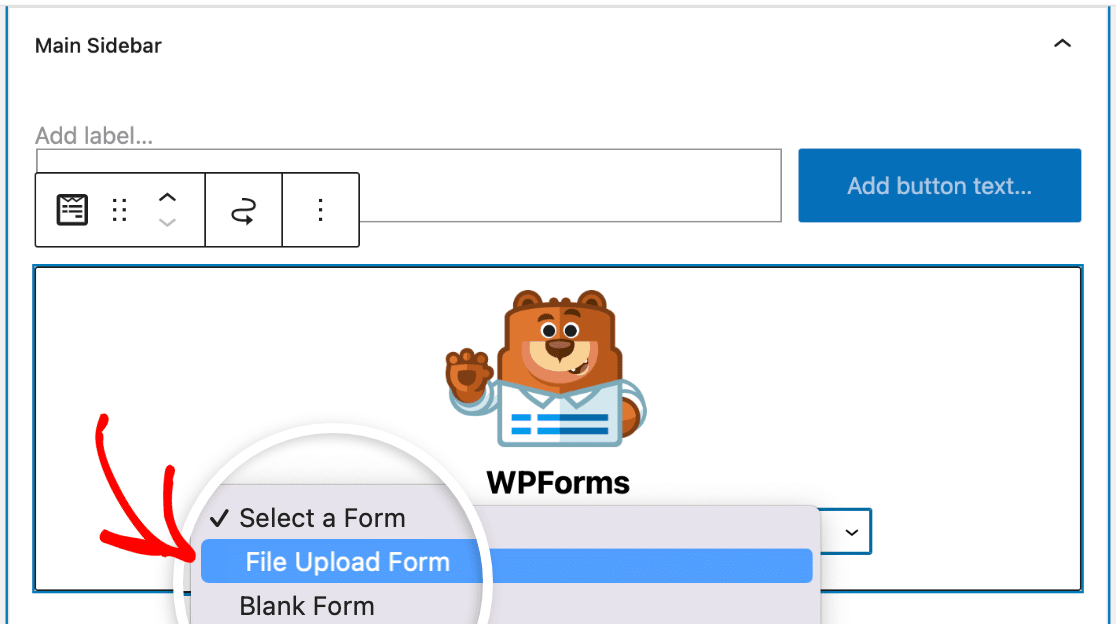 Selecting the file upload form from the WPForms block in a widget