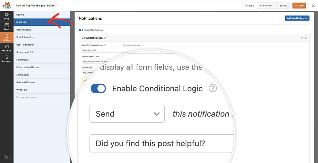 using conditional logic you can also only send the email notification if the feedback was negative