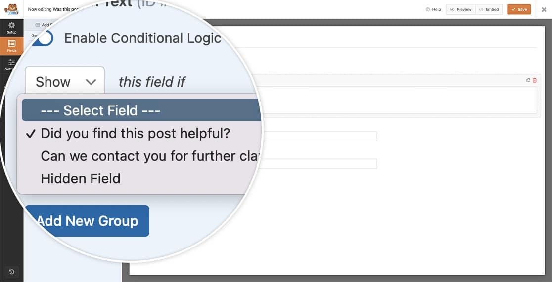 add the conditional logic to show the paragraph text field if they answered no to the helpful post question