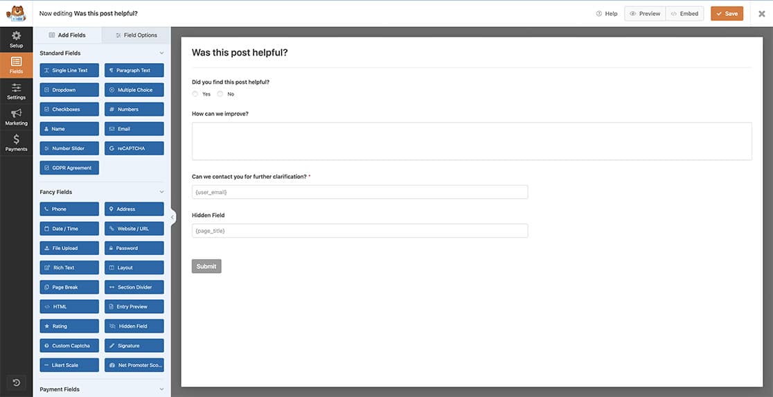 create your form and add the fields you wish to get on your post-review
