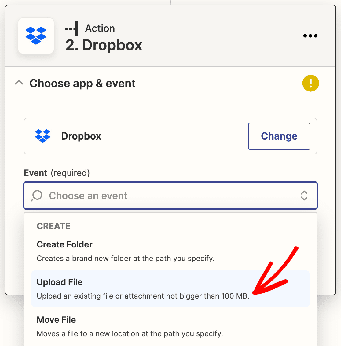 Setting Upload File as the action in a Dropbox Zap