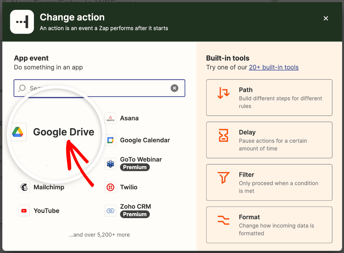 Choosing Google Drive as the action app in Zapier