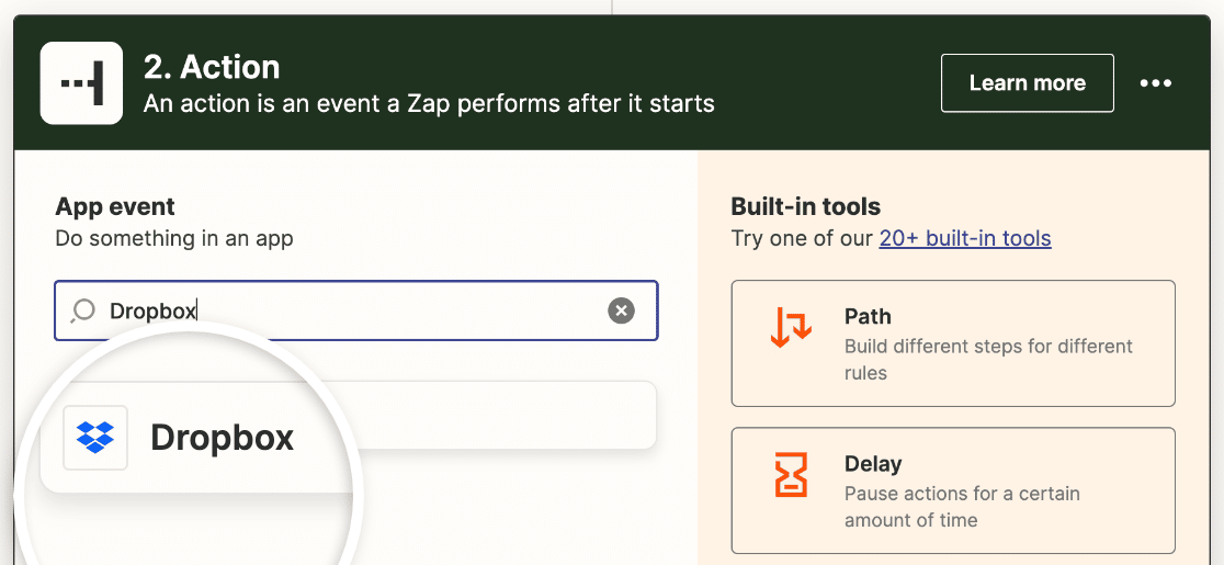 Selecting Dropbox as the action app in Zapier