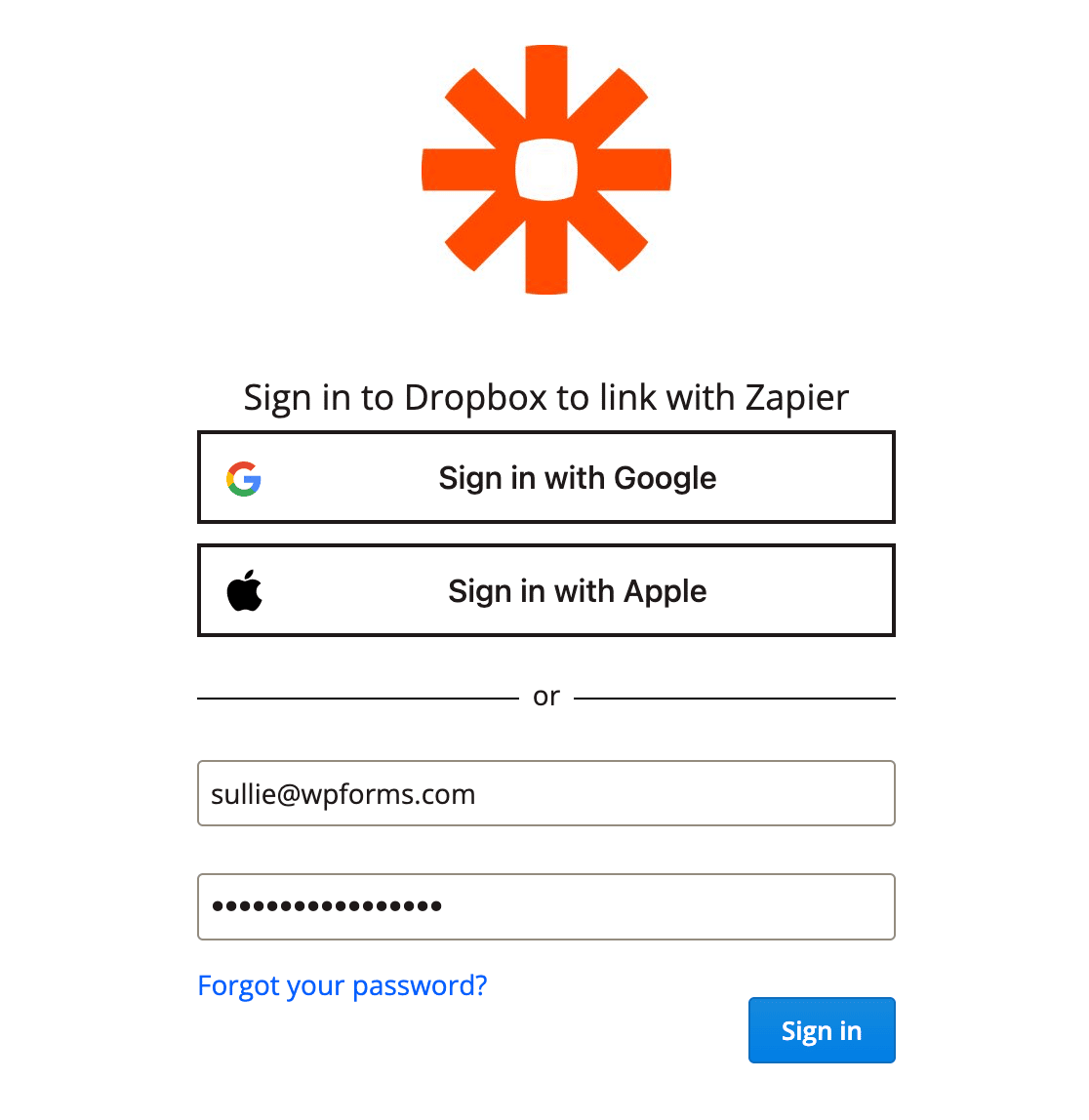 Signing in to Dropbox via Zapier