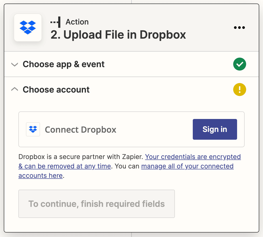 Connecting Dropbox to Zapier