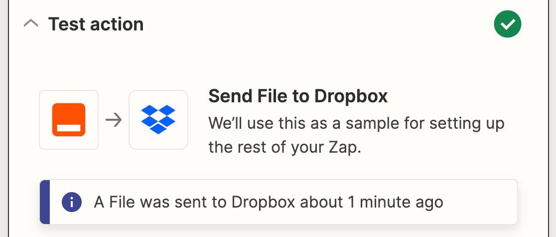 Dropbox connection success message in Zapier