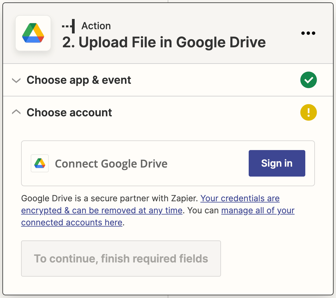 Signing in to Google Drive via Zapier