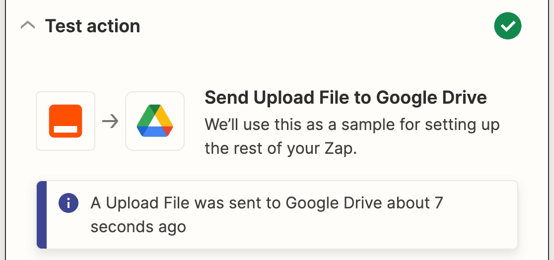 A success message for Google Drive in Zapier