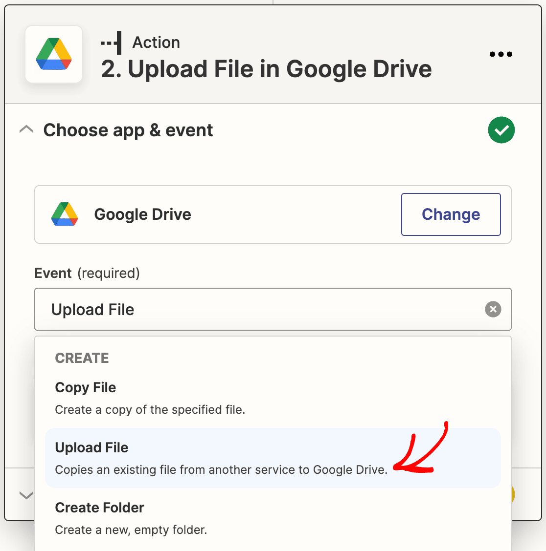 Choosing Upload File as the Google Drive action in Zapier
