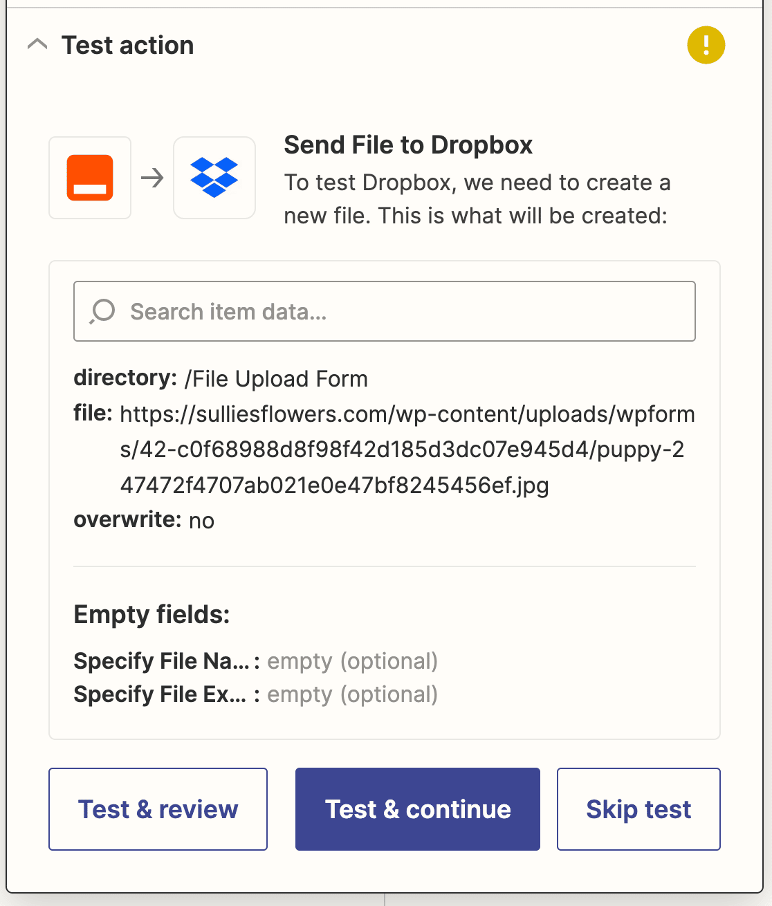 Testing your Dropbox connection in Zapier