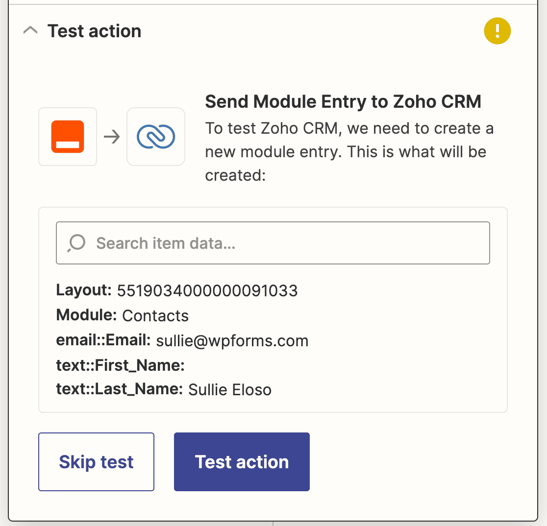 Testing your Zoho CRM connection in Zapier