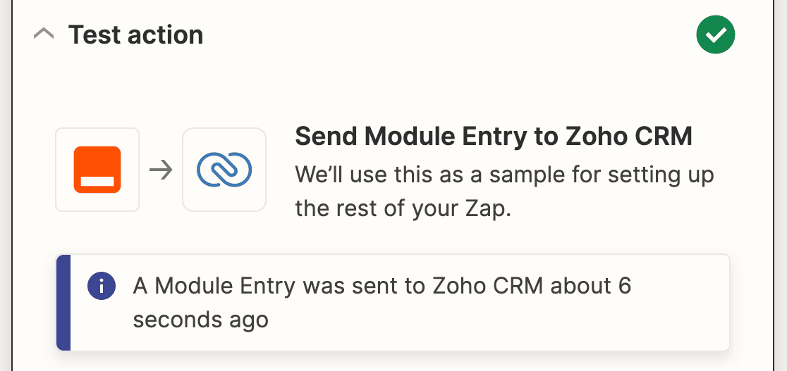 A success message for a WPForms Zoho CRM Zap