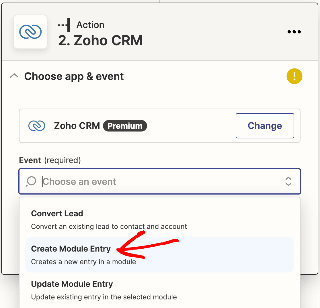 Selecting Create Module Entry as the action event for Zoho in Zapier