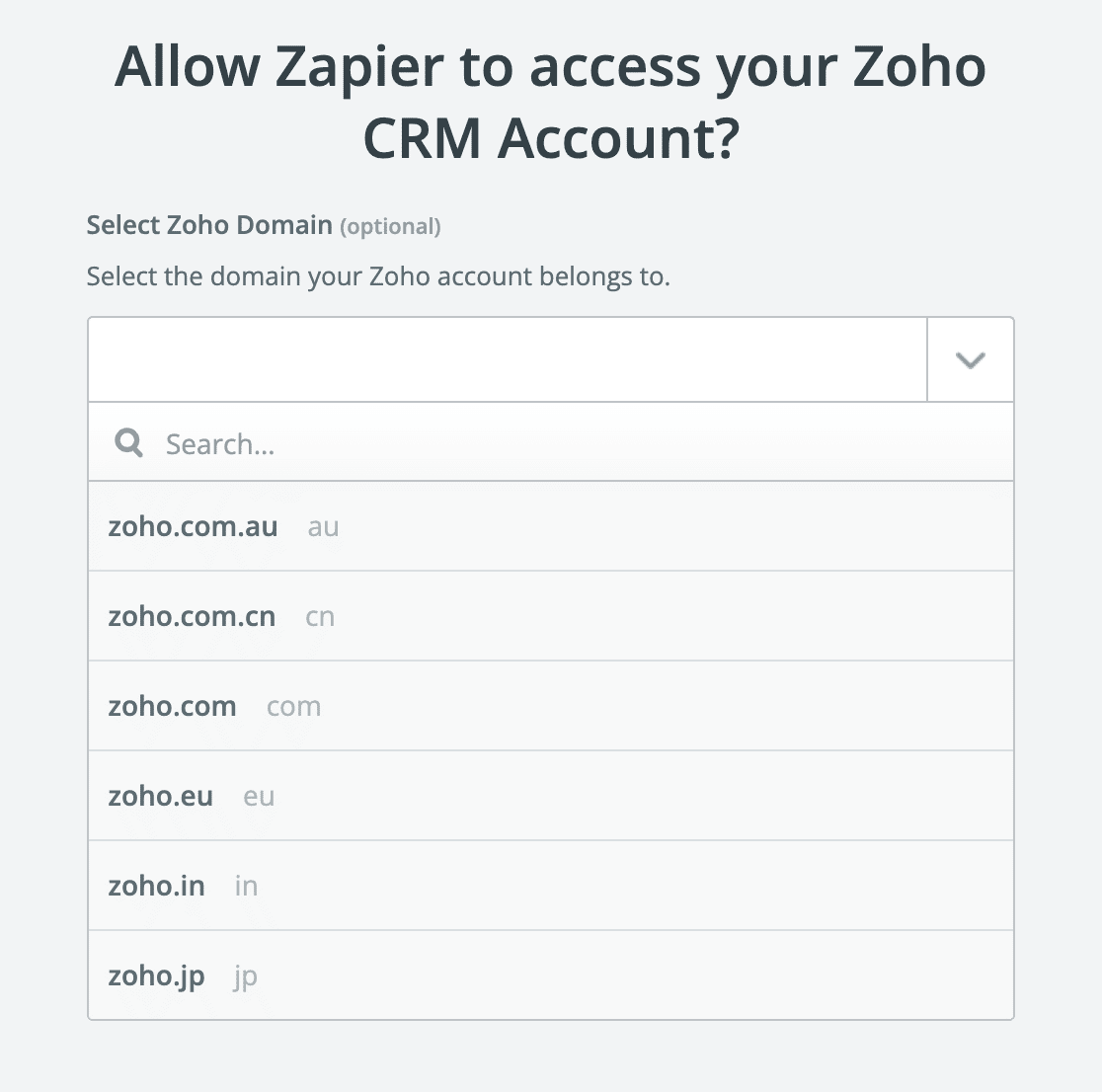Selecting your Zoho domain