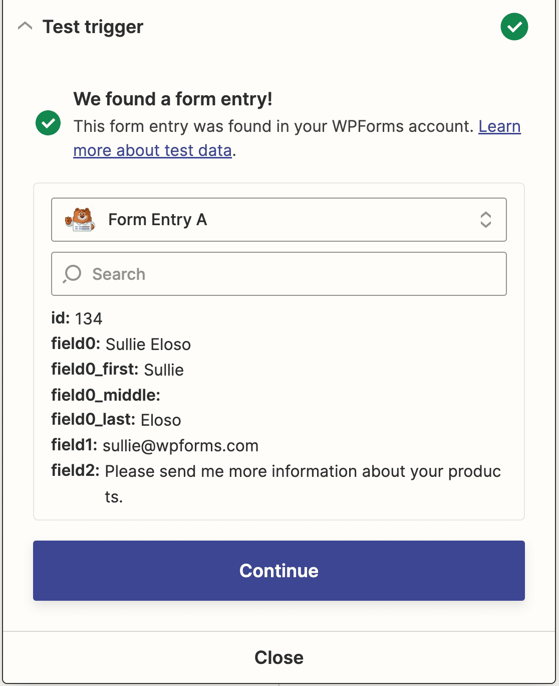 A test entry for a Zoho signup form in Zapier