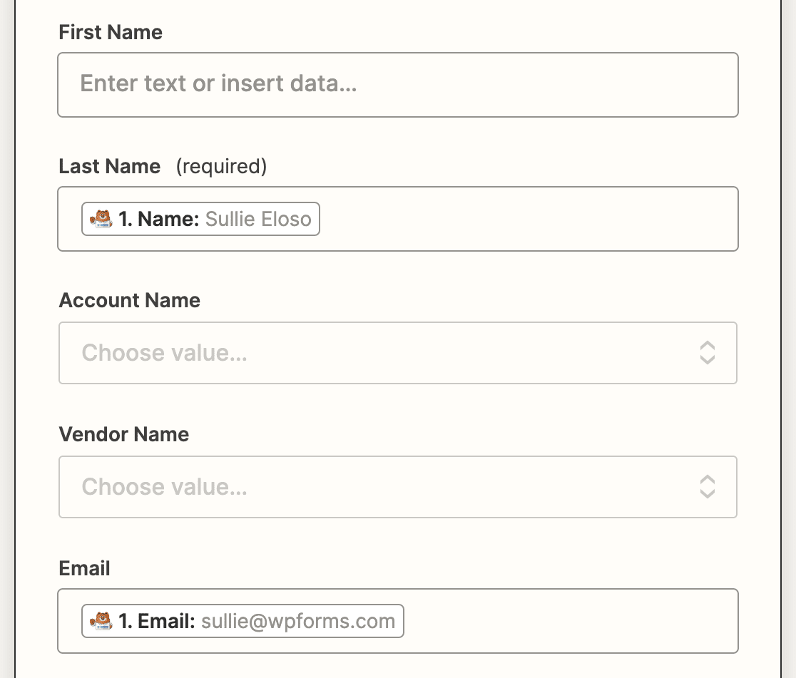 Connecting fields from WPForms for the Last Name and Email fields in Zoho