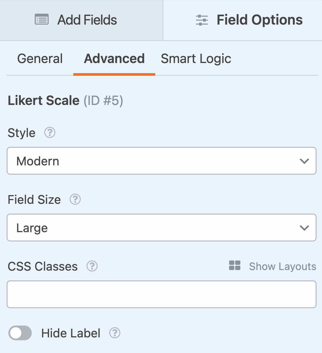 The advanced field options for the Likert Scale