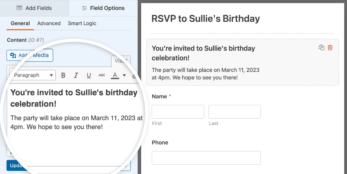 Adding a Content field to an RSVP form