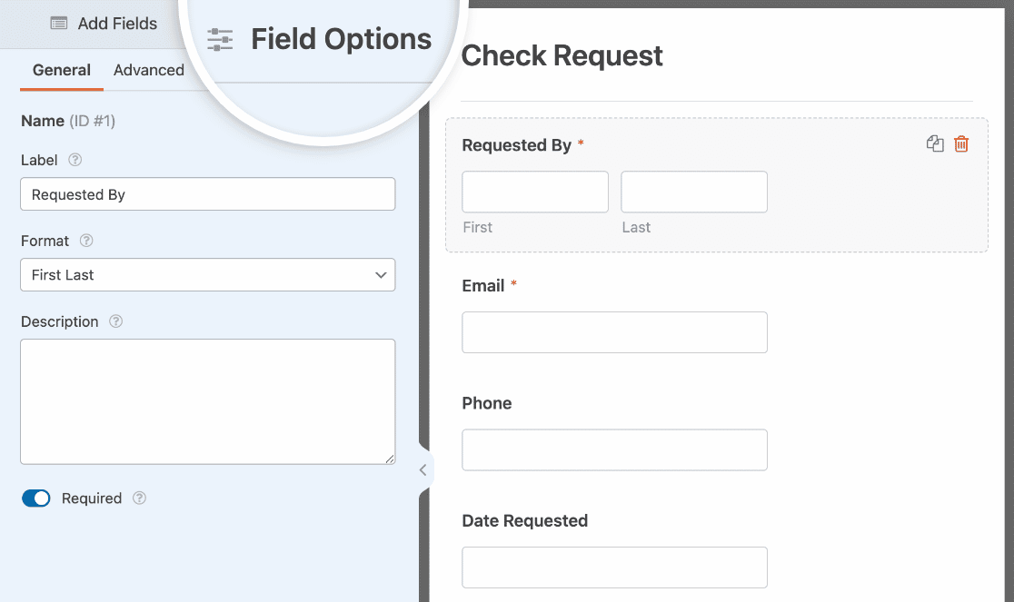 Editing the field options for a field in a Check Request Form