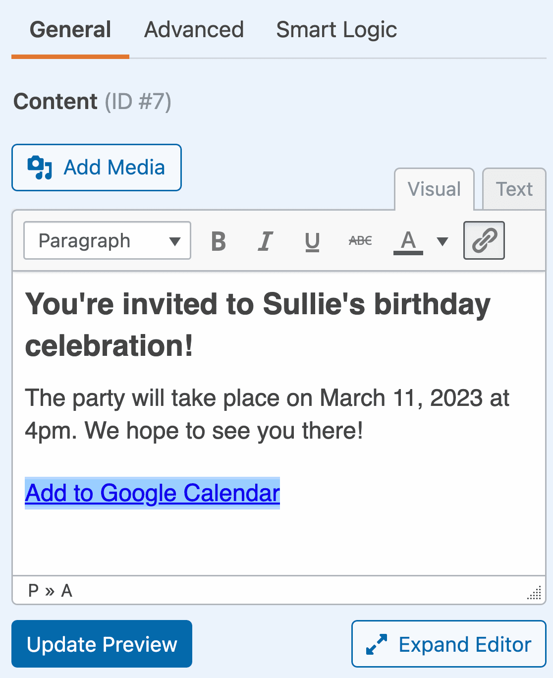 Adding a Google Calendar link to a Content field