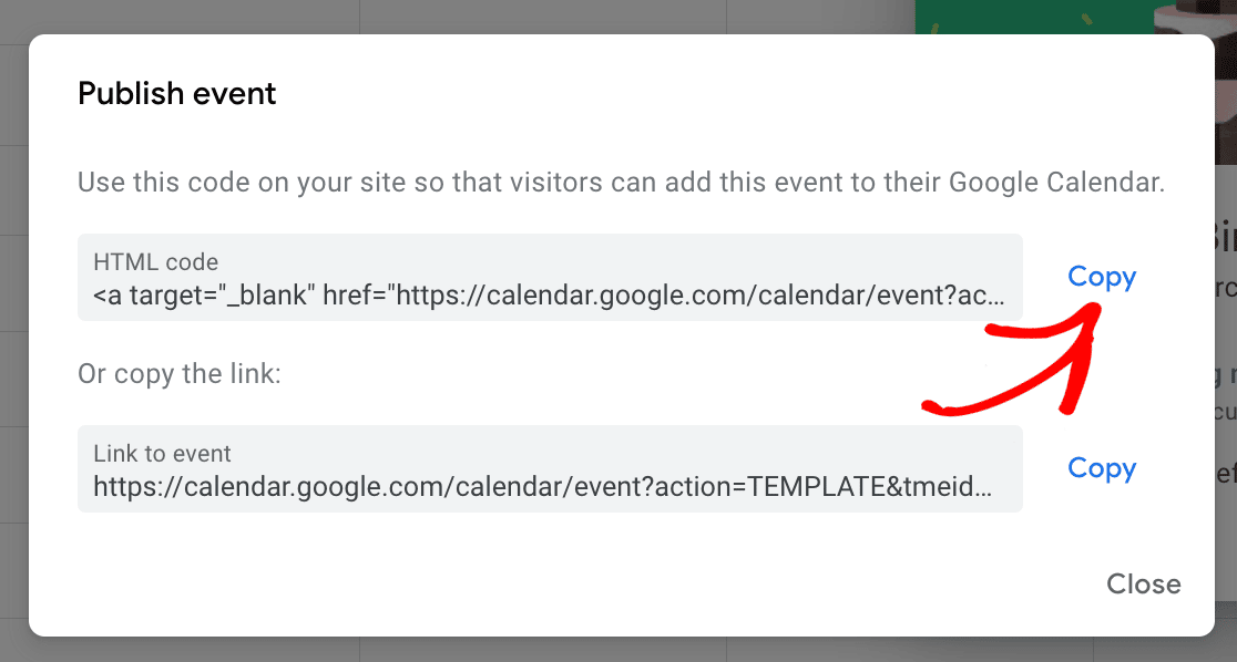 Copying the HTML for your Google Calendar event link