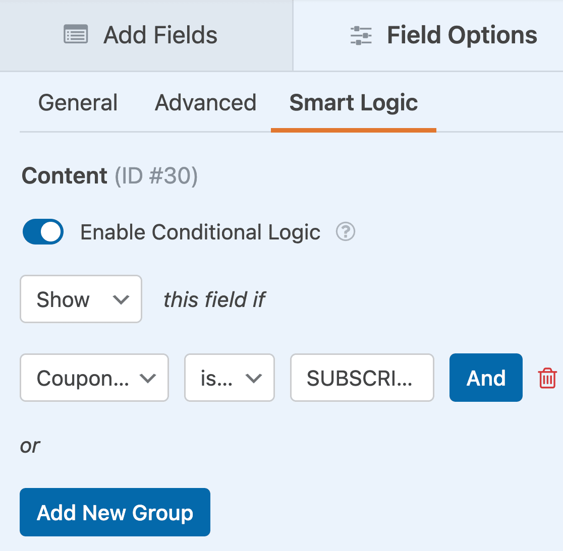 Creating a conditional logic rule to show a failure message if the wrong coupon code is entered