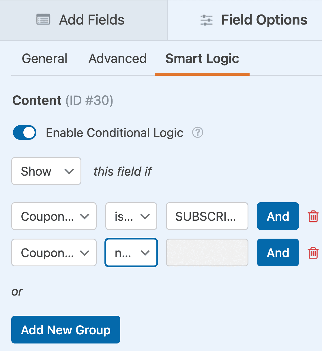 Creating a conditional logic rule so the coupon failure message doesn't show if the coupon field is empty
