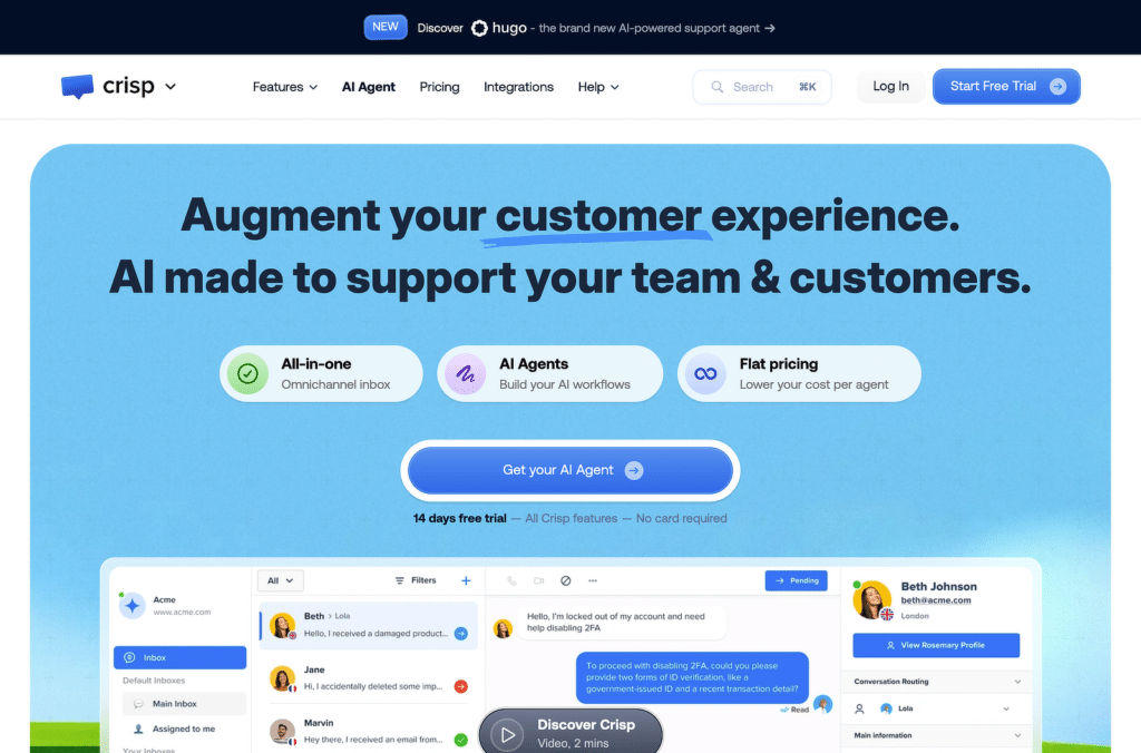 Crisp AI Agentのヒーローバナー:「顧客体験を拡張する」という見出し、3つの機能ピル(オールインワン、AIエージェント、フラットプライシング)、そして目立つ「AIエージェントを入手」ボタン。