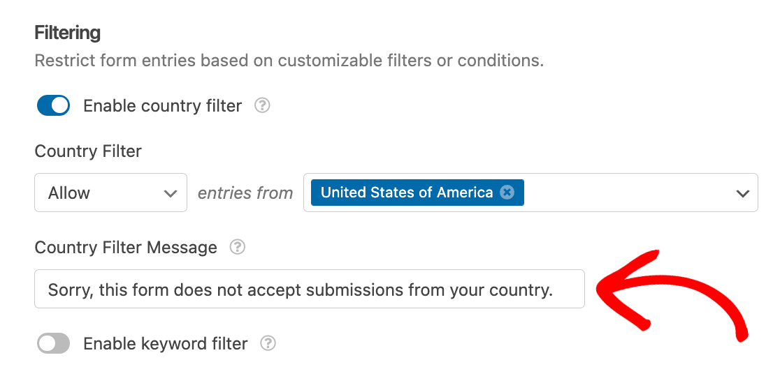 Custom country filter message