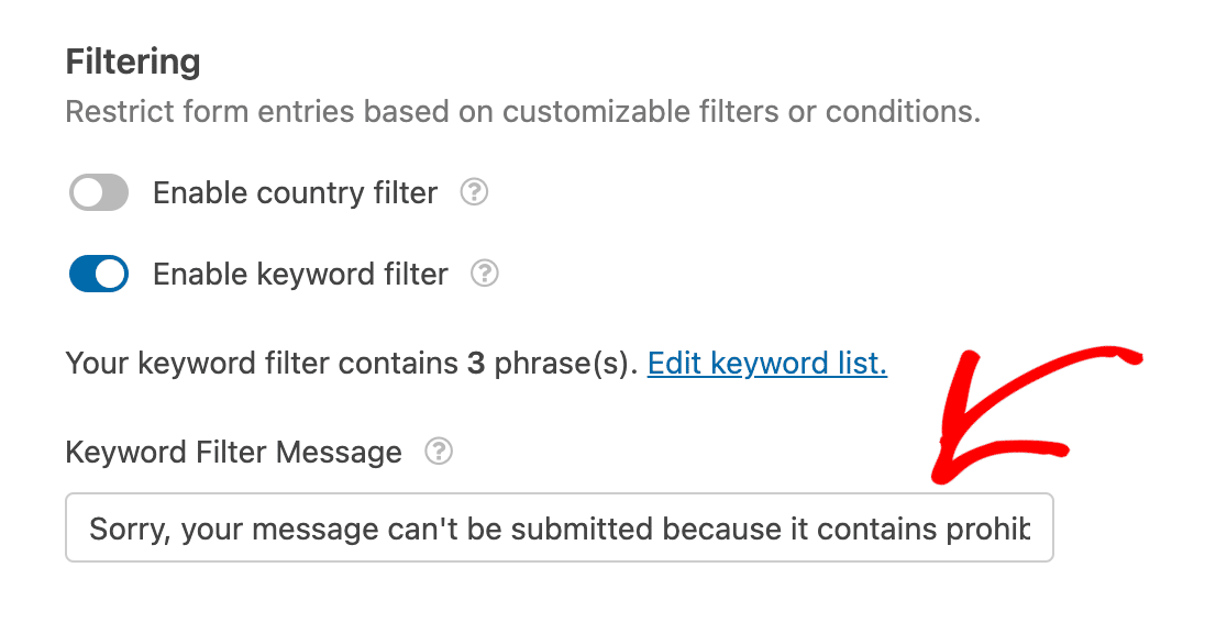 Customize keyword filter message