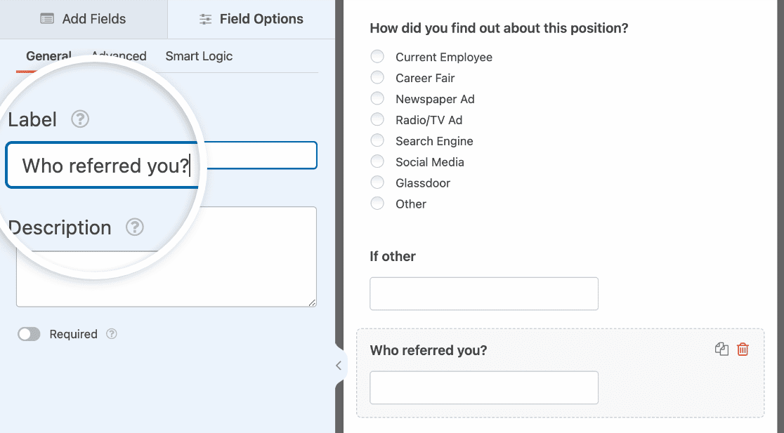 Editing the label for a Single Line Text field in a job application form