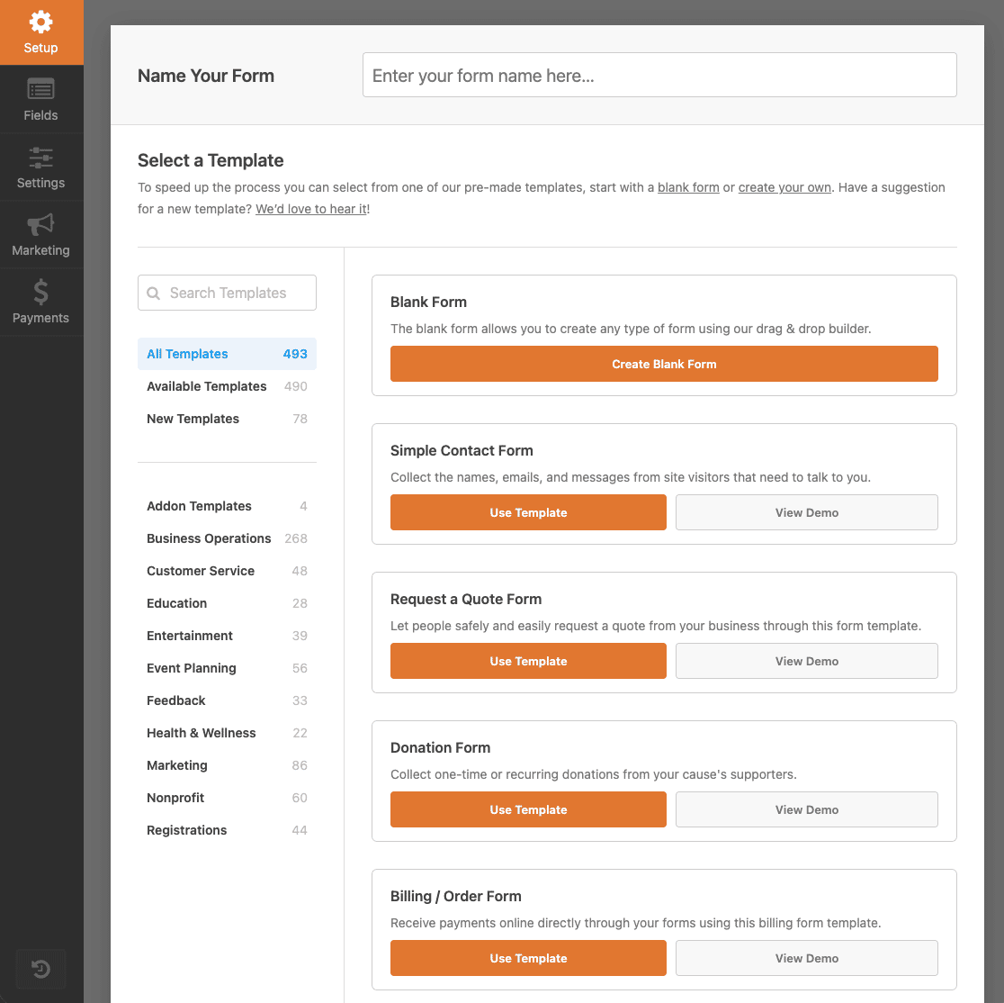 The Setup section of the form builder