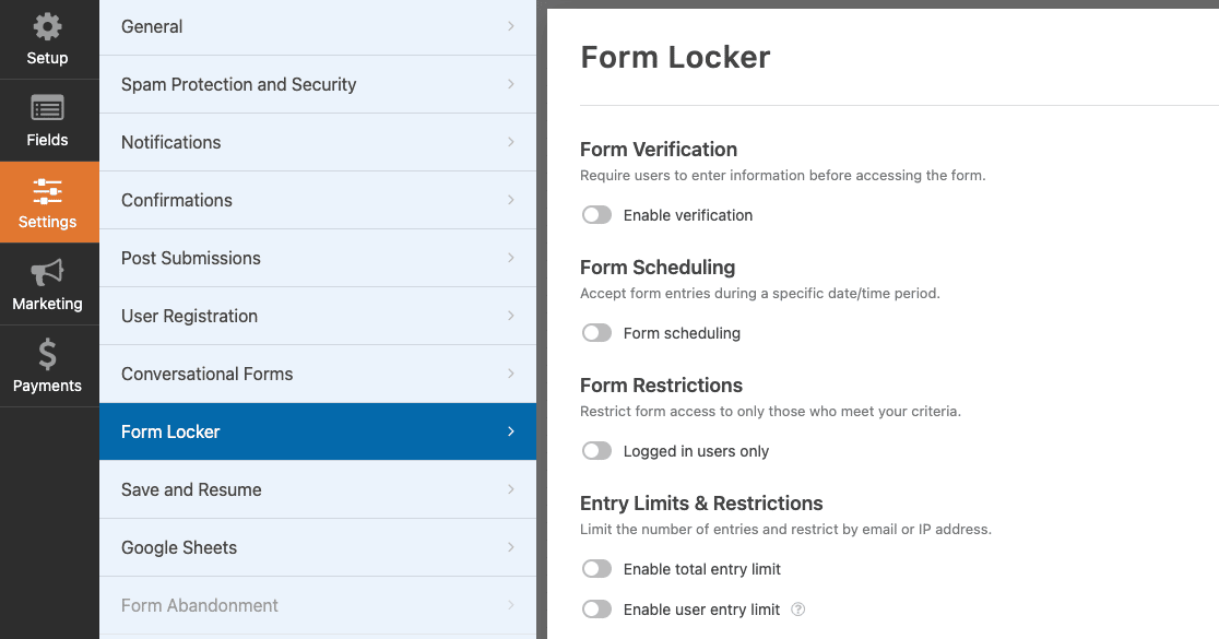 Opening the Form Locker settings in the form builder