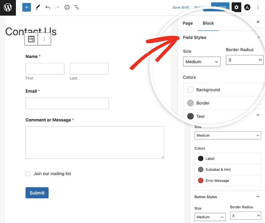 Form Styles for a contact form in the block editor